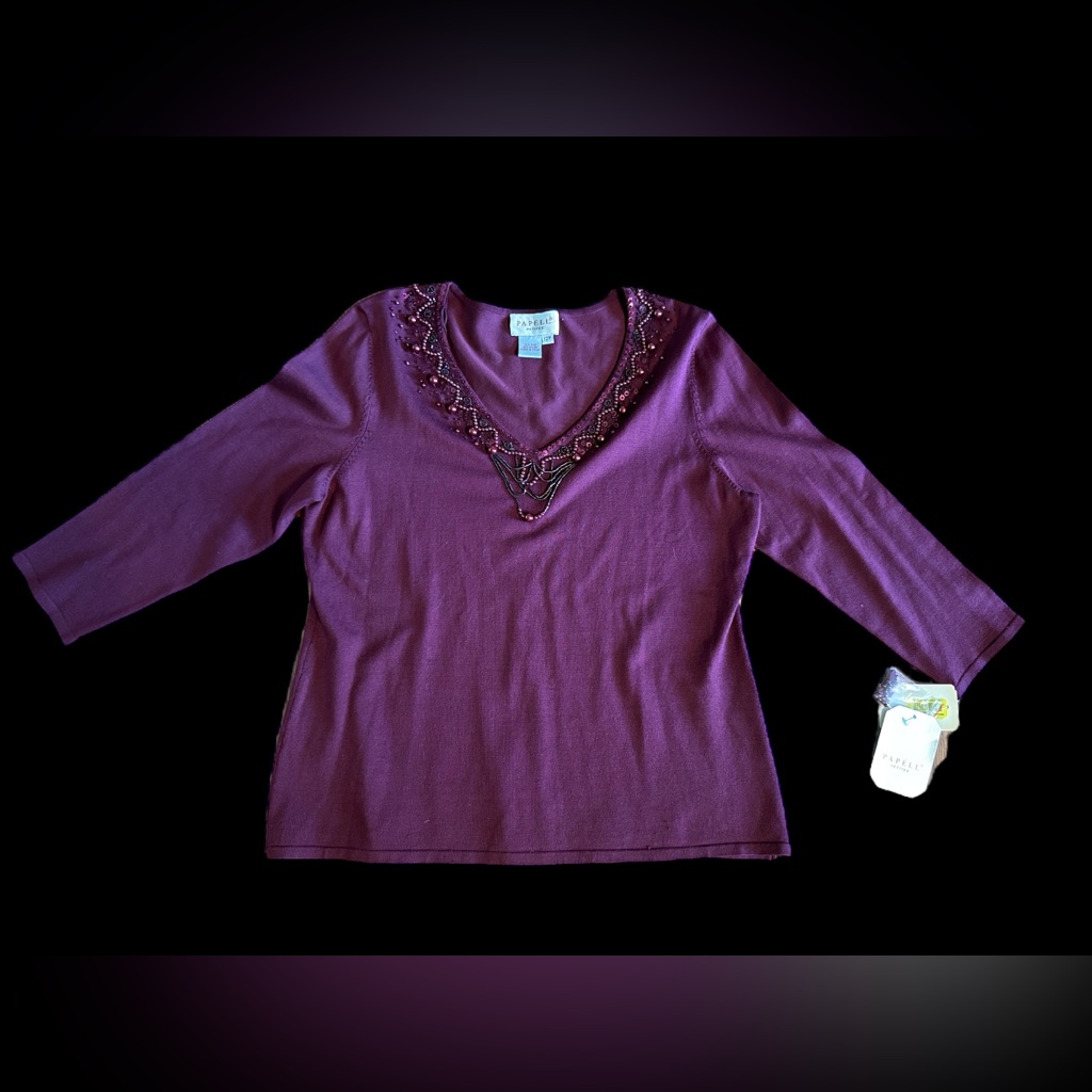 Bnwt Adrianna Papell Petites Silk Beaded V Neck 3/4 Sleeve Pullover Sweater 12p